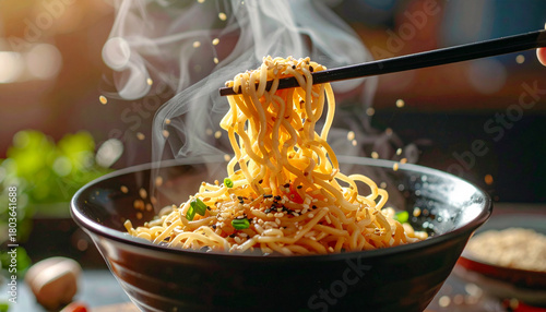 Chopsticks lifting steaming noodles with sesame seeds in close-up gesture
