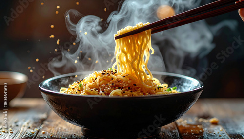 Chopsticks lifting steaming noodles with sesame seeds, expressive food gesture