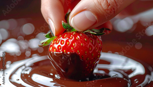 Human hand dipping a strawberry into glossy chocolate, extreme close-up