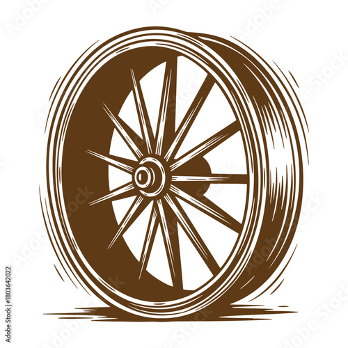 Detailed brown wheel illustration in a sketch vintage style ideal for historical concepts