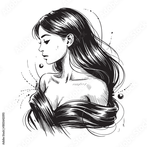 Black and white sketch of a woman with long flowing hair and bare shoulders drawing illustration