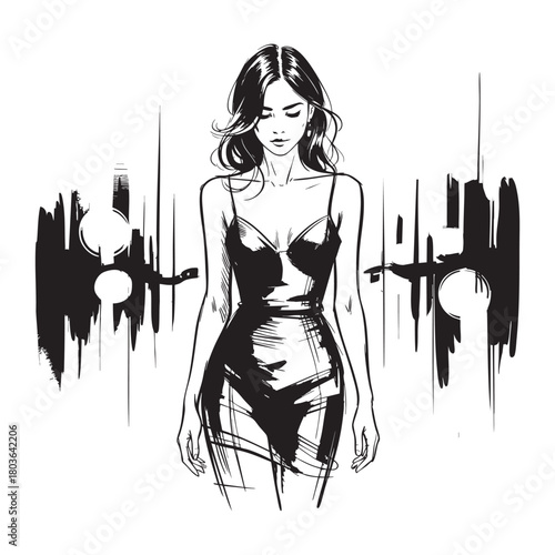 Black ink sketch of a woman in a slip dress against abstract city skyline black and white