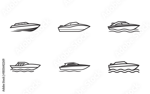 Collection of Simple Boat Icons in Minimalist Black and White Style Perfect for Nautical Designs and Marine Themes