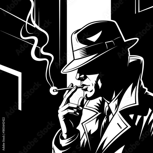 Mysterious noir figure in fedora and trench coat, smoking a cigarette in a high-contrast black and white illustration