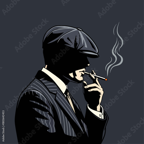 Mysterious silhouette of a man in vintage attire, smoking a cigarette, exuding an air of classic intrigue and dark elegance with a sharp, secretive profile