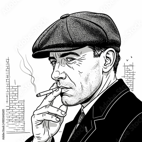 Man Smoking a Cigarette in a Tweed Cap A Retro Portrait in Black and White