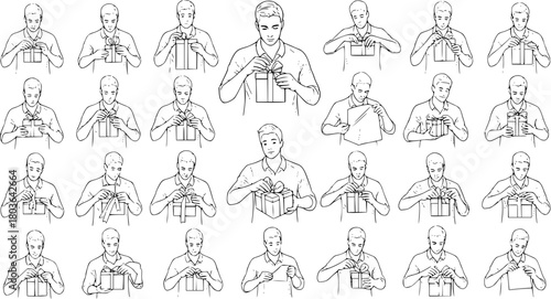 Set of Hand-Drawn Illustrations: Men in Various Stages of Opening, Preparing, and Receiving Gift Boxes, Tying and Untying Bows for Presents and Celebrations.