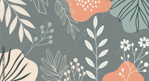 Abstract botanical pattern with stylized leaves and floral elements in muted colors