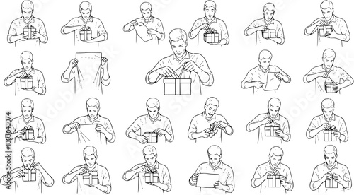 Detailed Line Art Illustrations of Men Opening and Unwrapping Gifts or Reading Envelopes, Depicting Various Actions and Stages of Receiving a Present or a Message
