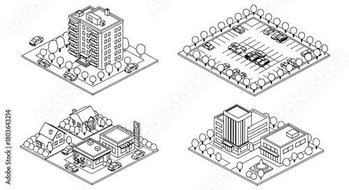 Isometric city buildings apartment parking gas station office vector