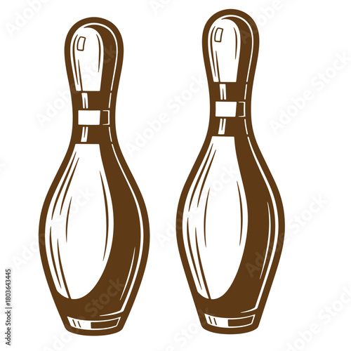 Two vintage bowling pins in sketch style brown color isolated on white background