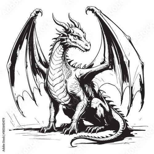 Detailed black and white ink drawing of a seated dragon with spread wings fantasy mythical creature