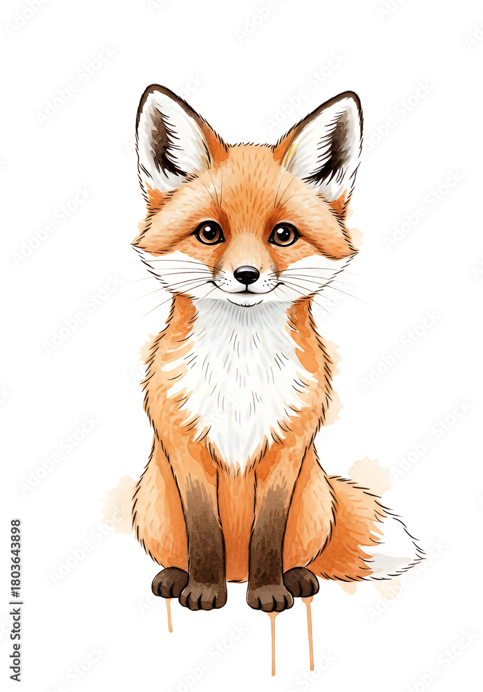 Obraz premium Adorable fox cub sitting pretty, perfect for children's books and nature illustrations, a charming animal friend with a gentle expression and playful vibe