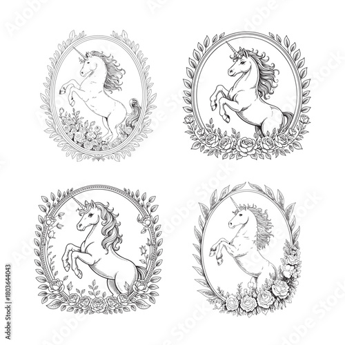 Four black and white line art unicorn illustrations with floral frames mythical creature