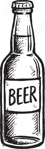 Beer bottle Illustration: Artistic illustration of a beer bottle with a minimalist label. the bottle is detailed with cross-hatching to add visual interest.
