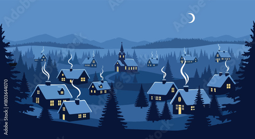 A serene nighttime illustration of a snow-covered village nestled in a forest.