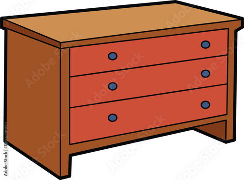 Cartoon wooden dresser with three orange drawers and blue knobs chest of drawers furniture