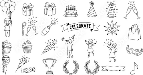 Hand-drawn Doodle Set of Celebration and Party Icons: Balloons, Gifts, Cake, Champagne, Party Hats, Dancing Kids, and Festive Elements in Black and White Outline Style
