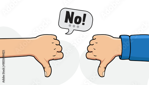 Thumbs down gesture sign of dissatisfaction in cartoon style on white background
