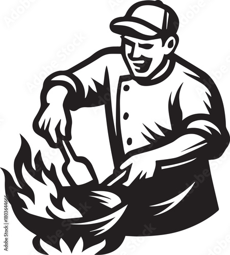 Master Chef's Culinary Art: A skilled chef, wielding a spatula, passionately cooks in a fiery wok, symbolizing the art and precision of culinary expertise