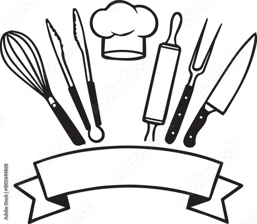 Culinary Essentials Illustration: An illustration featuring essential culinary tools, arranged artfully with chef's hat and ribbon banner. Ideal for culinary themes, cooking.