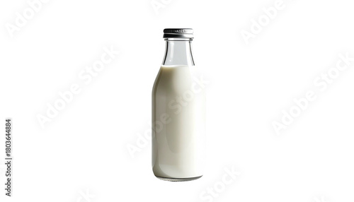 Milk filled clear bottle with shiny metal cap on black background