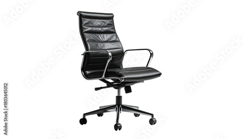 Black leather office chair, ribbed, aluminum frame on black background