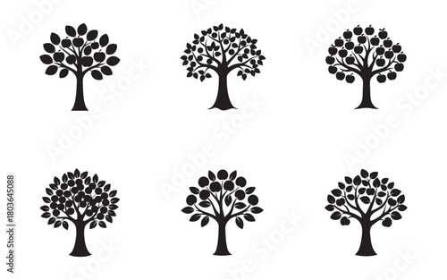 Collection of six stylized fruit trees in black silhouette for logo or design elements ideal for branding and nature related projects