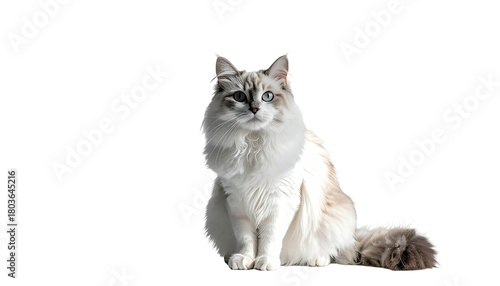 Fluffy cat with heterochromia sits against black background