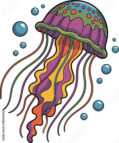 Colorful cartoon jellyfish with wavy tentacles and bubbles on white background sea creature