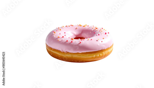 Pink frosted donut covered in rainbow sprinkles on black field