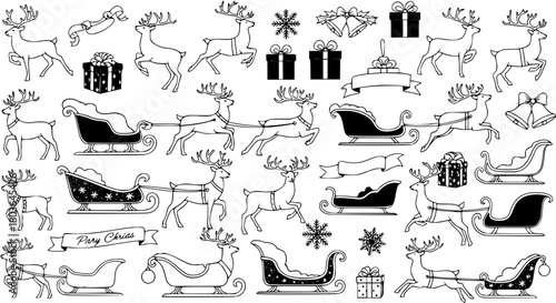 Hand-drawn Christmas doodle set with cute reindeer, traditional sleighs, festive gift boxes, jingle bells, snowflakes, and ribbons in black and white outline style.