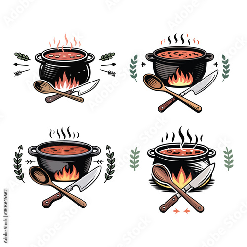 Four illustrations of steaming soup pots with crossed utensils and foliage cooking cauldron