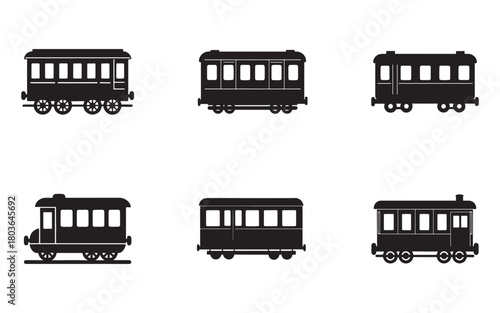 Collection of Six Vintage Train Car Silhouettes Isolated on White Background Perfect for Retro Design and Transportation Themes