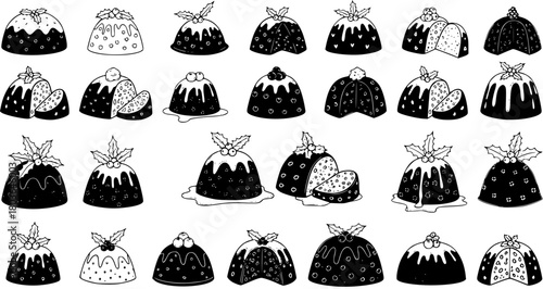 Black and White Christmas Pudding Illustrations Collection with Holly Berries, Icing, and Sliced Doodles