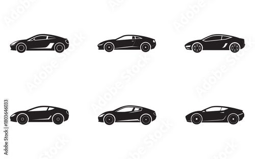 Collection of Sport Car Silhouettes on White Background Showing Modern Vehicle Design and Automotive Industry Representation