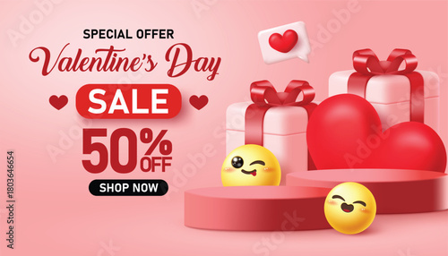 Valentine's day sale podium clipart banner design. Valentine's day special offer 50% off discount clip art with podium stage, heart, gift box and cute emoji characters pink background for February 