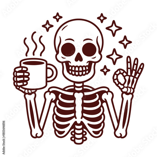 Skeleton holding hot coffee mug making ok hand gesture surrounded by stars hot drink steam