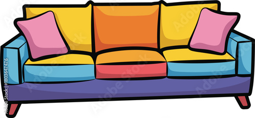 Colorful Three- Seater Sofa with Pink Yellow and Orange Cushions couch furniture