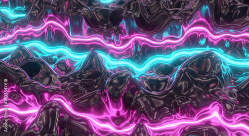 An abstract image featuring holographic swirl patterns in vibrant purple, pink, and blue tones, creating a fluid, futuristic visual effect. Smooth gradients and dynamic wave-like textures give the art