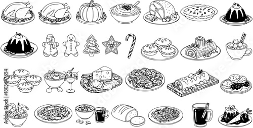 Festive Holiday Food Illustrations: A Collection of Christmas Dinner  Dessert Icons