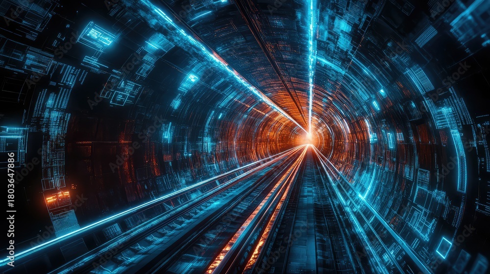 Fototapeta premium Futuristic high speed railway tunnel traveling into digital data