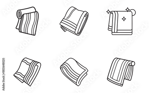 Collection of Towel Icons Set in Simple Black Line Style Illustrating Hygiene and Comfort for Bathroom or Spa Use