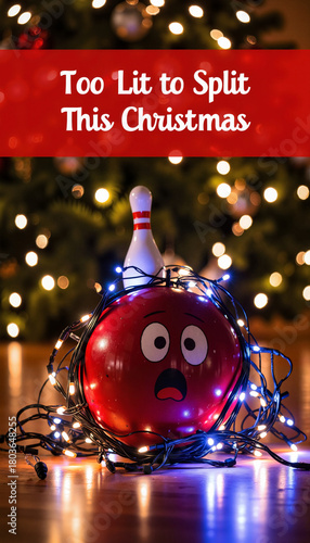 Bowling ball and pin with Christmas lights surrounded by decorations  