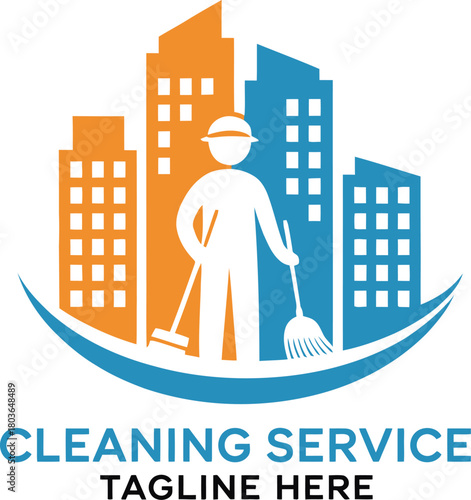 Professional cleaning service logo design with urban skyline and cleaner silhouette