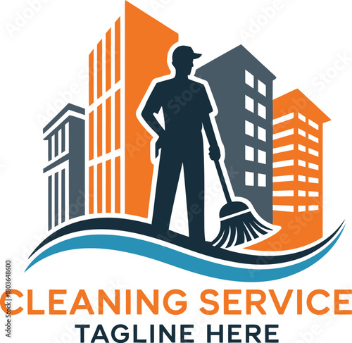 Professional cleaning service logo with buildings and cleaning staff silhouette vector illustration