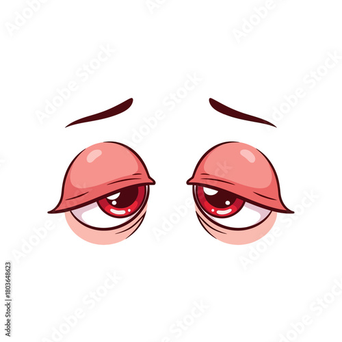 Close-up of tired and sad cartoon eyes with drooping eyelids and red irises, conveying a feeling of exhaustion or despondency