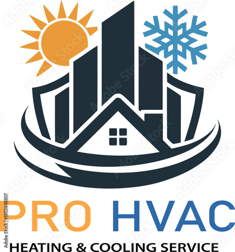 HVAC Heating and Cooling Service Logo with Sun Snowflake and House