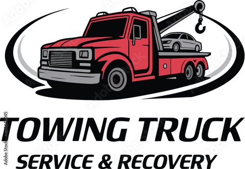 Red Towing Truck logo  Illustration with Car on Bed Ready for Recovery Service