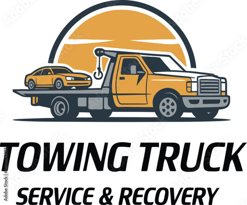 Tow truck  logo vector illustration for vehicle recovery assistance with car loaded and sunset design